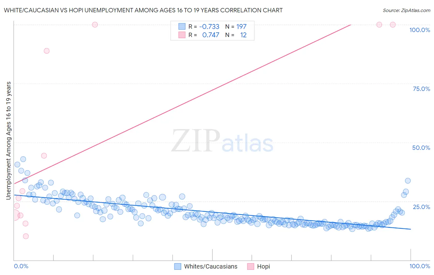 White/Caucasian vs Hopi Unemployment Among Ages 16 to 19 years
