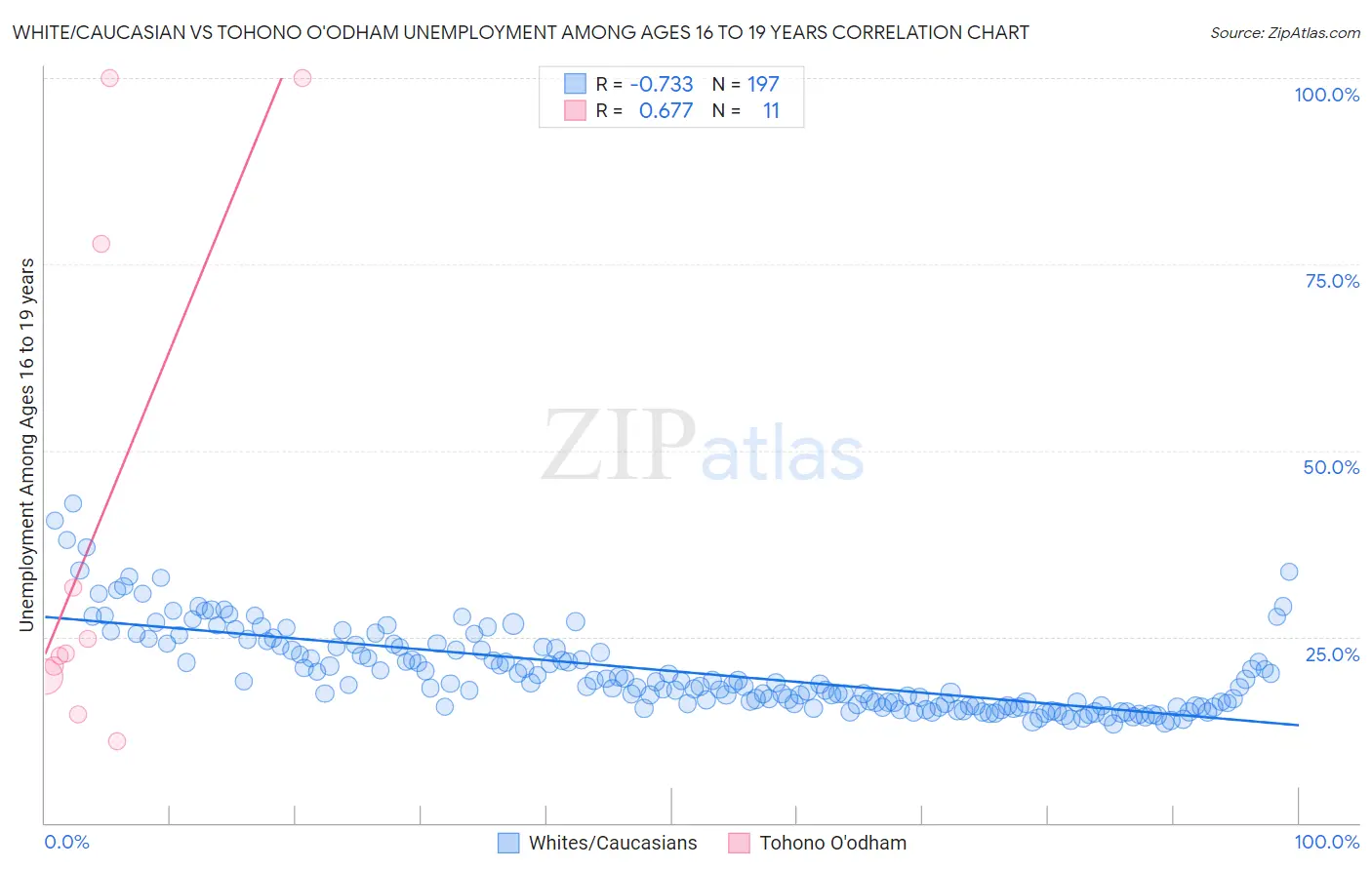 White/Caucasian vs Tohono O'odham Unemployment Among Ages 16 to 19 years