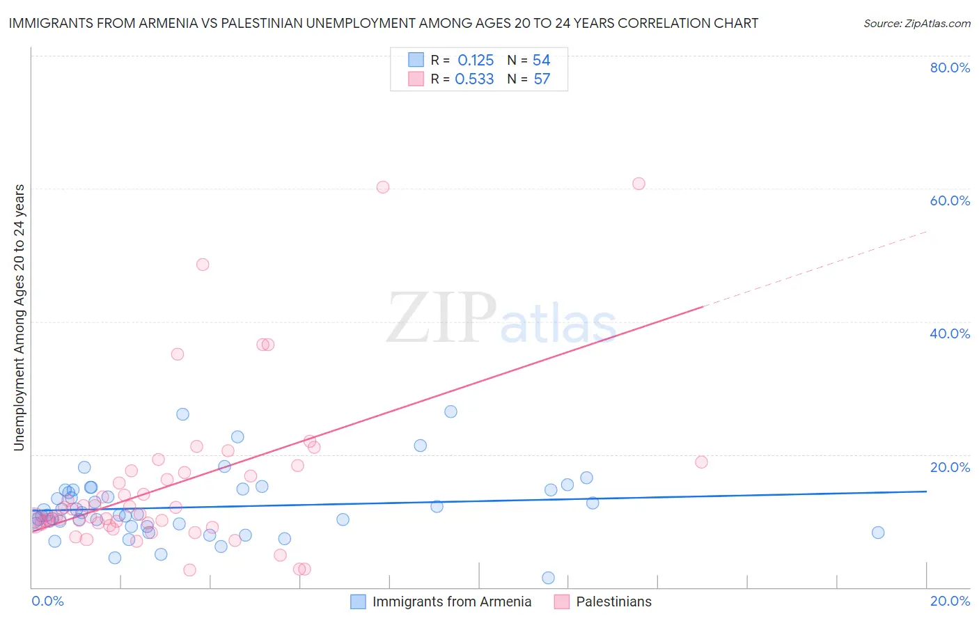 Immigrants from Armenia vs Palestinian Unemployment Among Ages 20 to 24 years