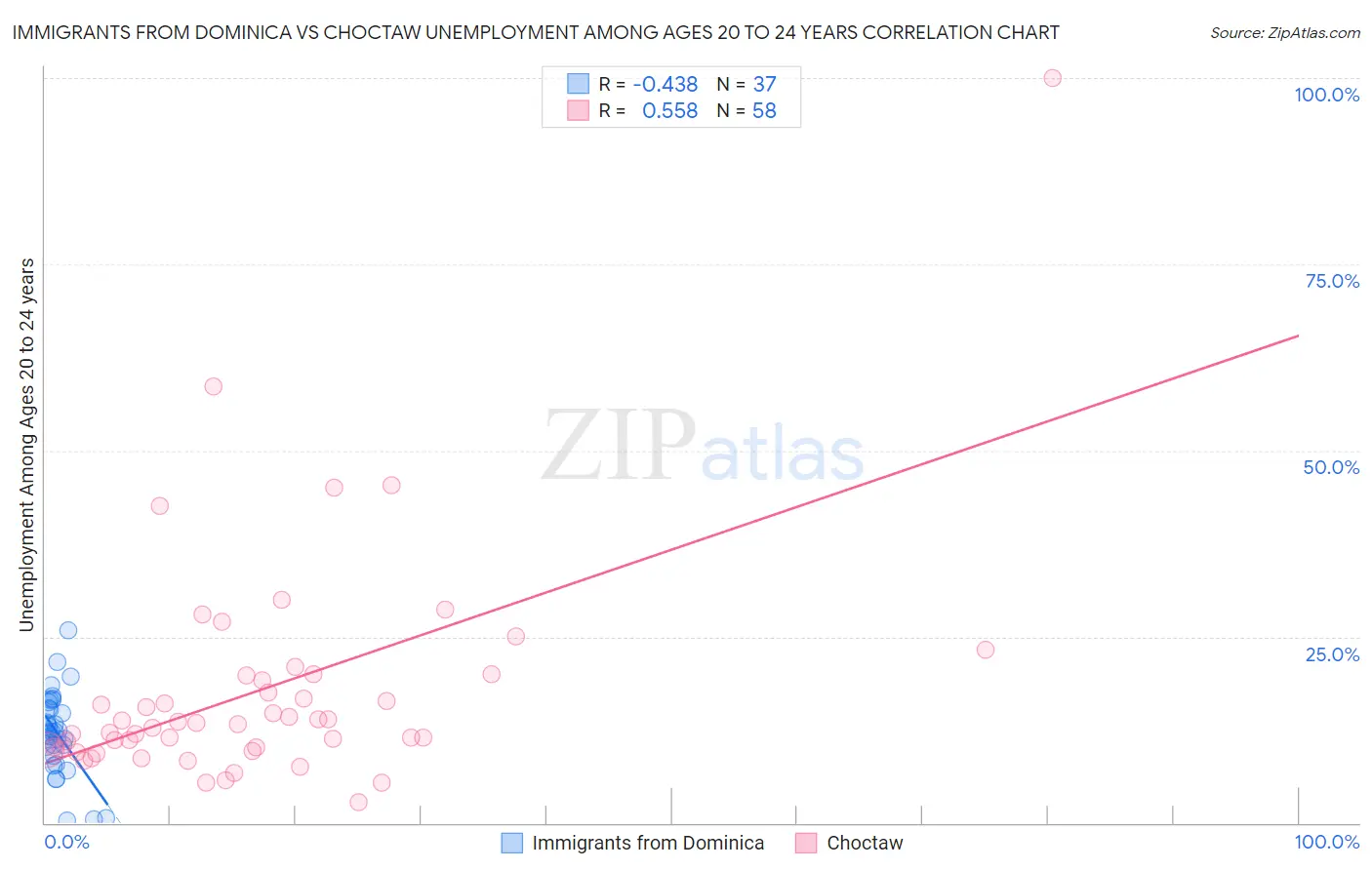 Immigrants from Dominica vs Choctaw Unemployment Among Ages 20 to 24 years