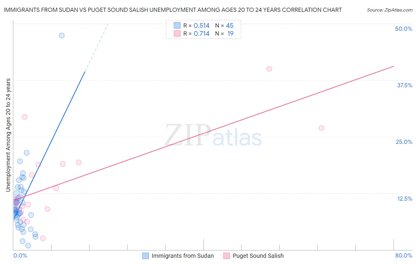 Immigrants from Sudan vs Puget Sound Salish Unemployment Among Ages 20 to 24 years