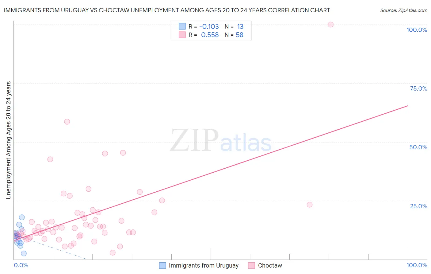 Immigrants from Uruguay vs Choctaw Unemployment Among Ages 20 to 24 years