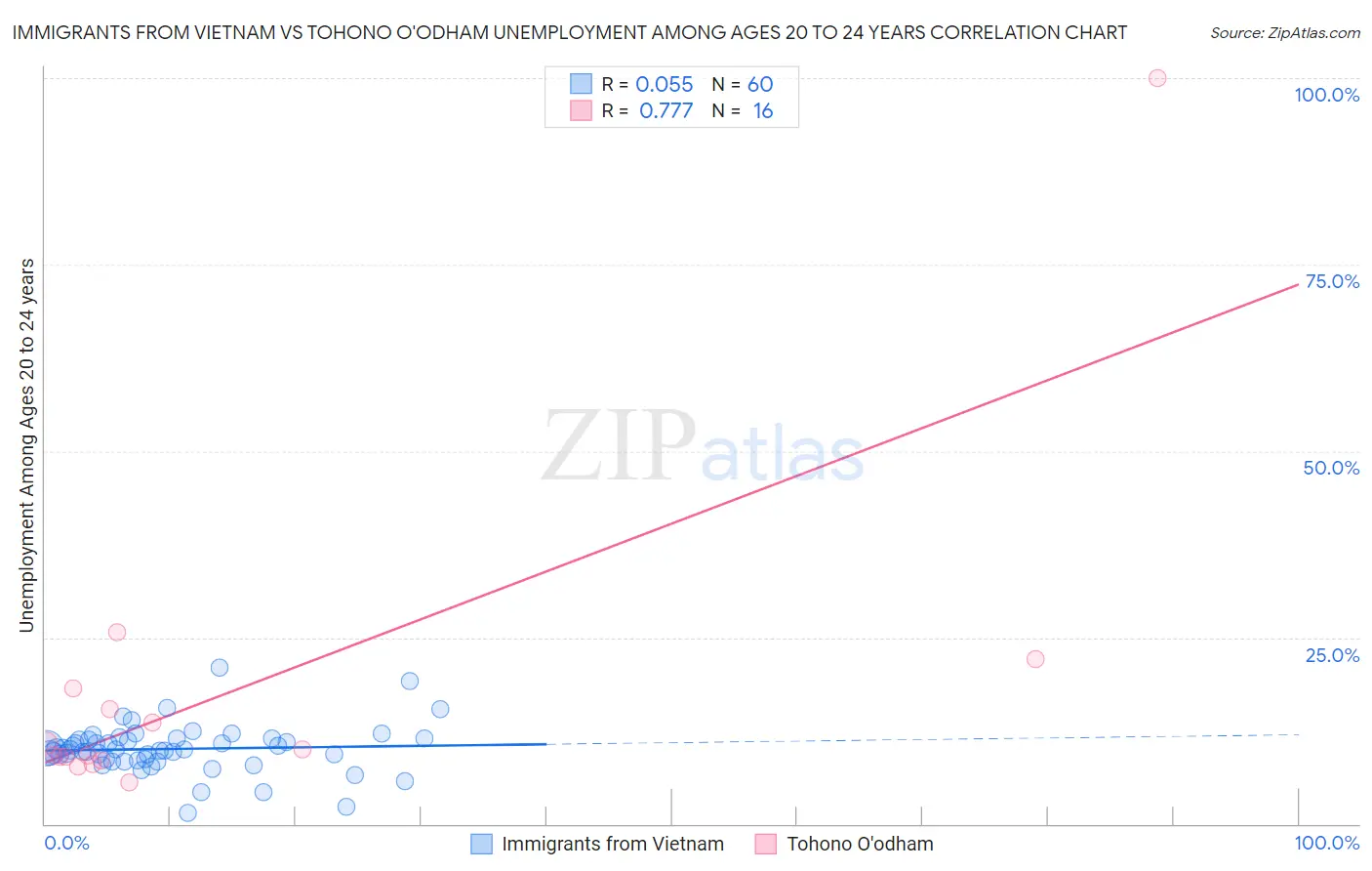 Immigrants from Vietnam vs Tohono O'odham Unemployment Among Ages 20 to 24 years