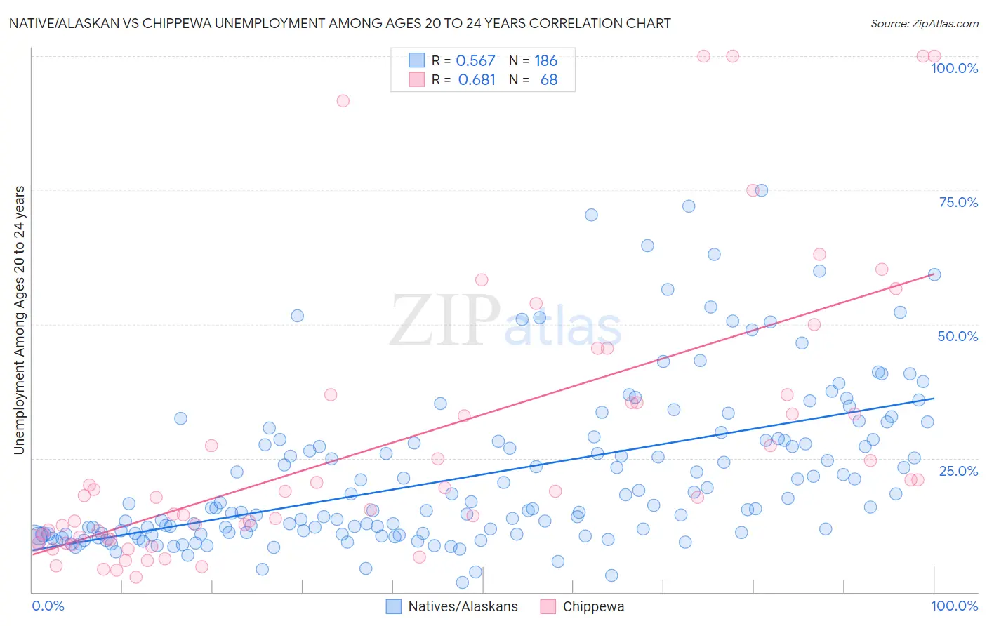 Native/Alaskan vs Chippewa Unemployment Among Ages 20 to 24 years