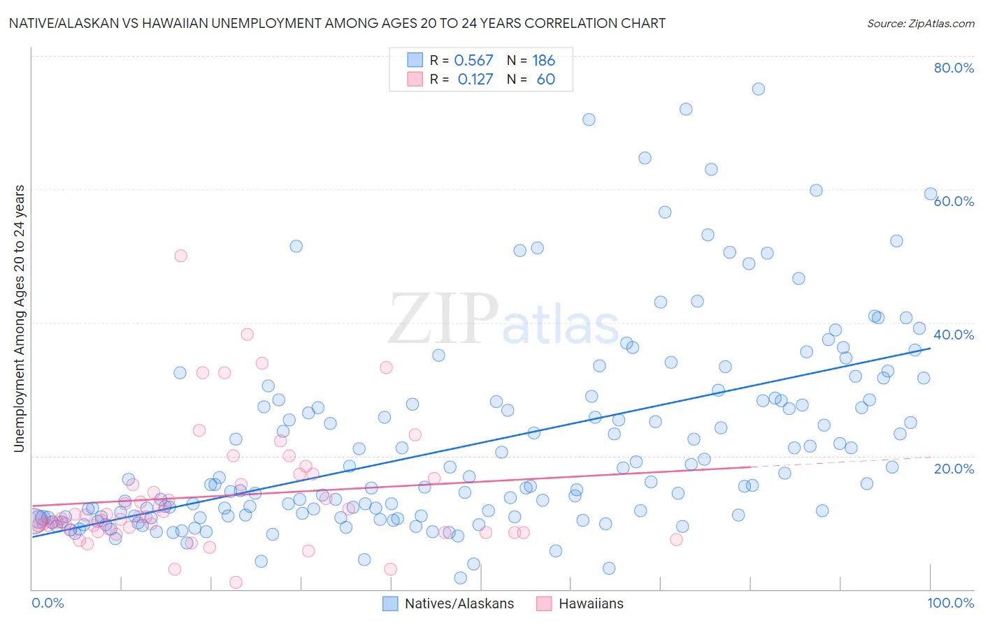 Native/Alaskan vs Hawaiian Unemployment Among Ages 20 to 24 years