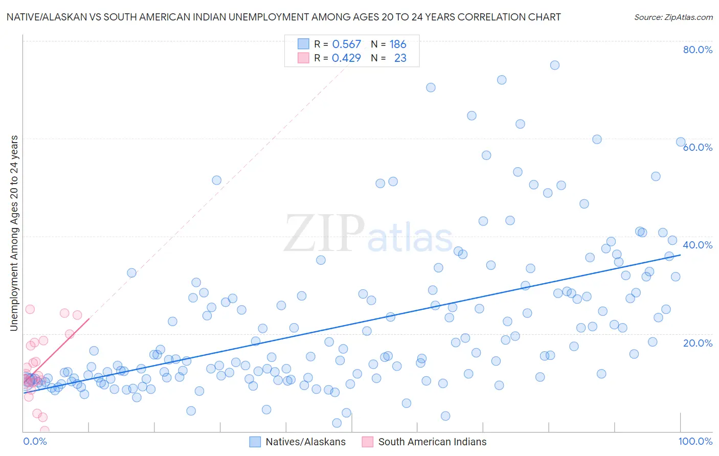 Native/Alaskan vs South American Indian Unemployment Among Ages 20 to 24 years