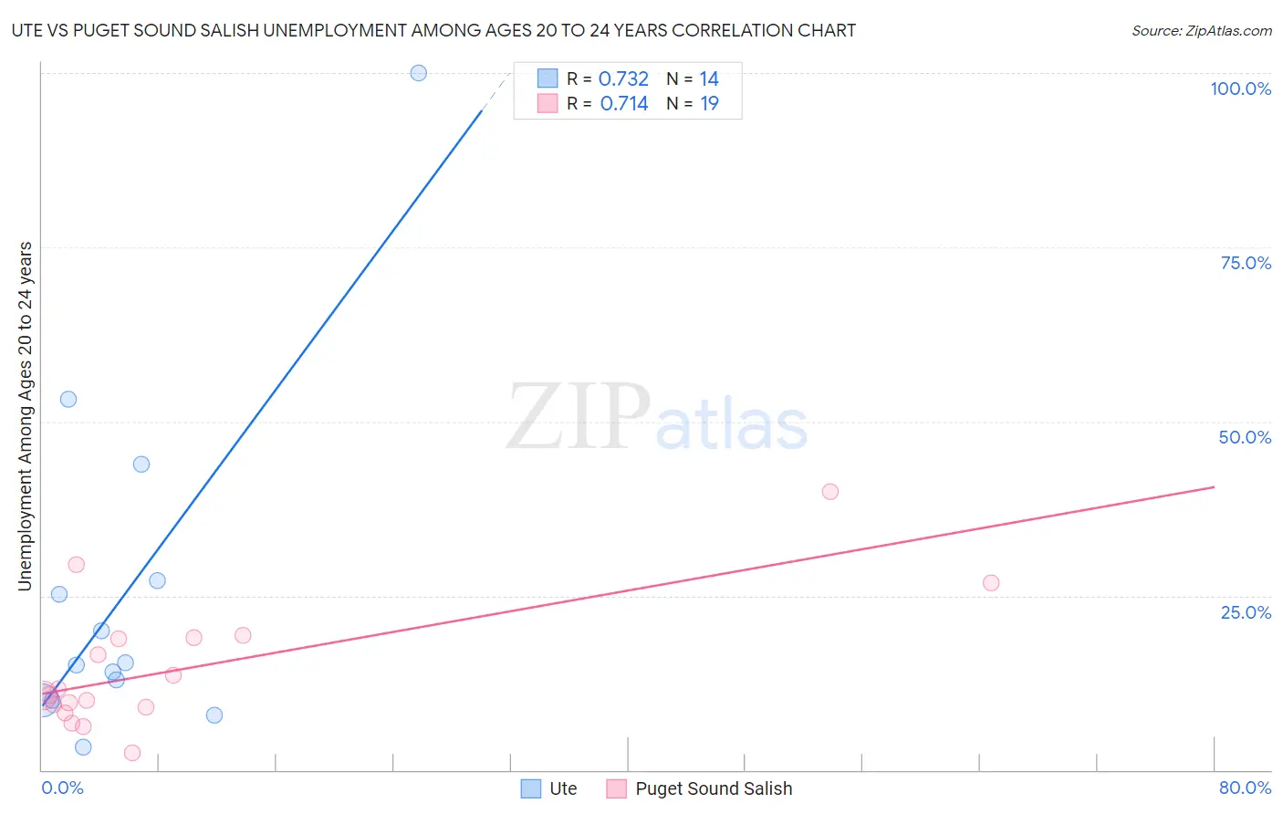 Ute vs Puget Sound Salish Unemployment Among Ages 20 to 24 years