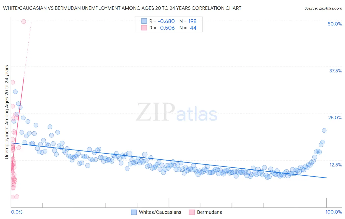 White/Caucasian vs Bermudan Unemployment Among Ages 20 to 24 years