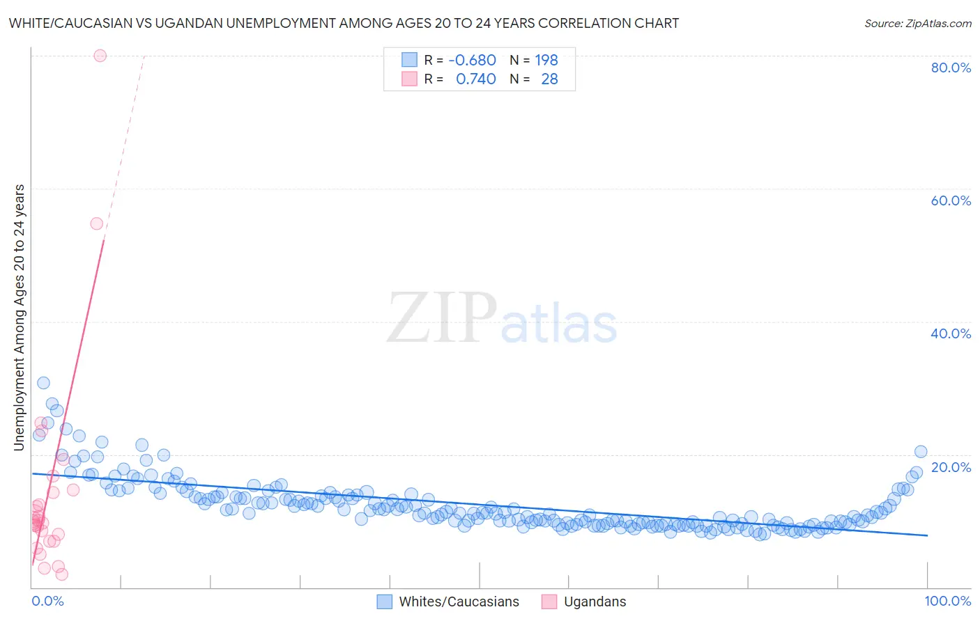 White/Caucasian vs Ugandan Unemployment Among Ages 20 to 24 years