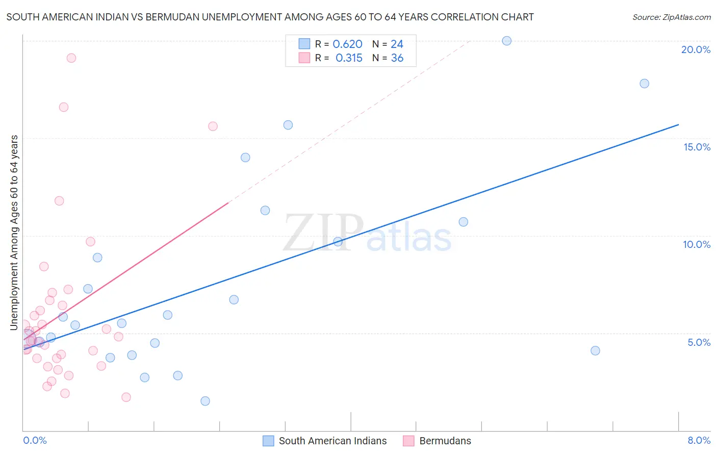 South American Indian vs Bermudan Unemployment Among Ages 60 to 64 years