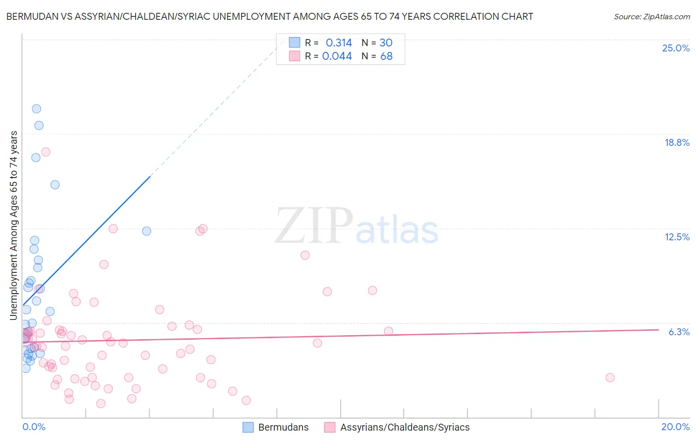 Bermudan vs Assyrian/Chaldean/Syriac Unemployment Among Ages 65 to 74 years