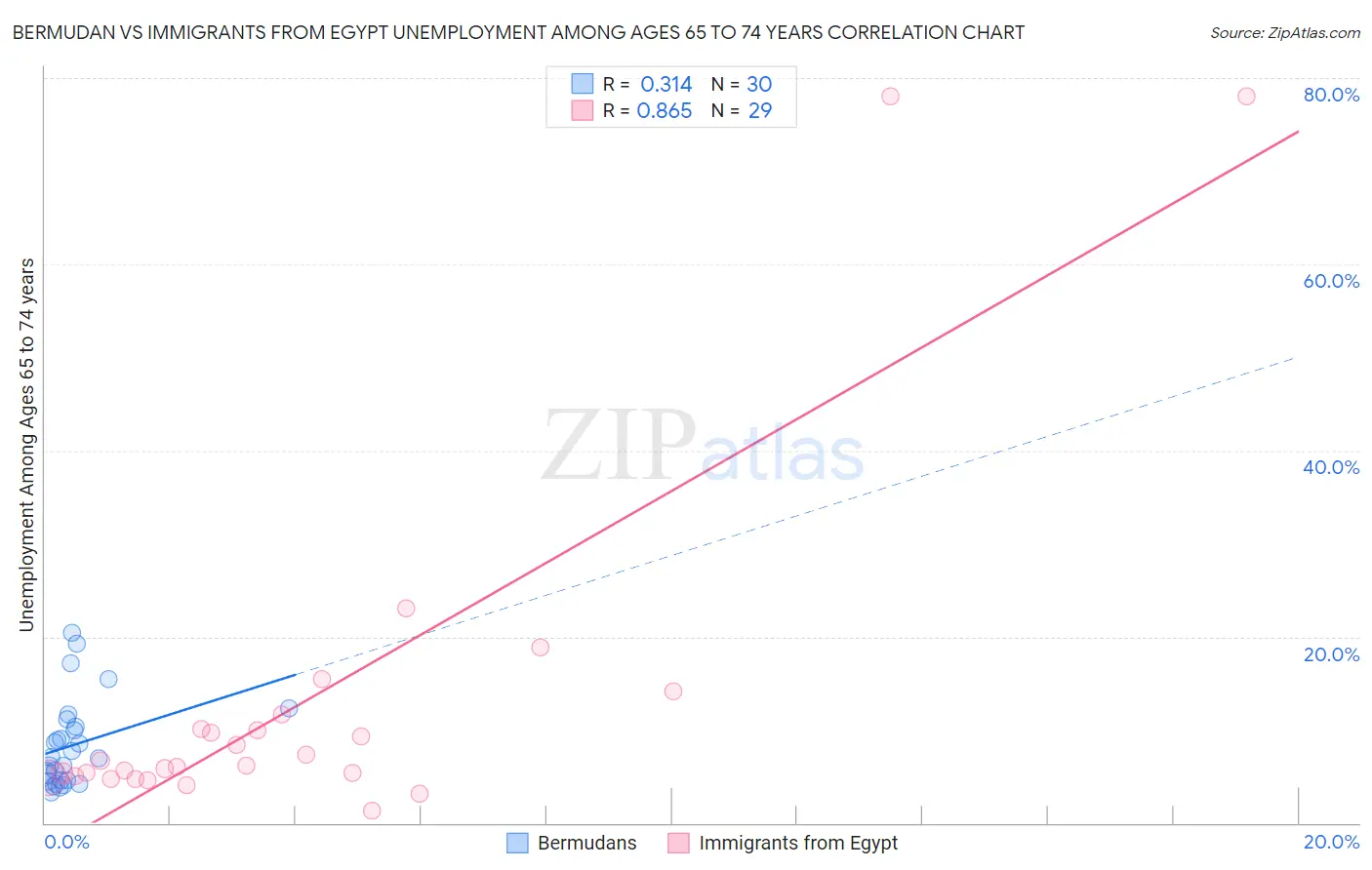 Bermudan vs Immigrants from Egypt Unemployment Among Ages 65 to 74 years