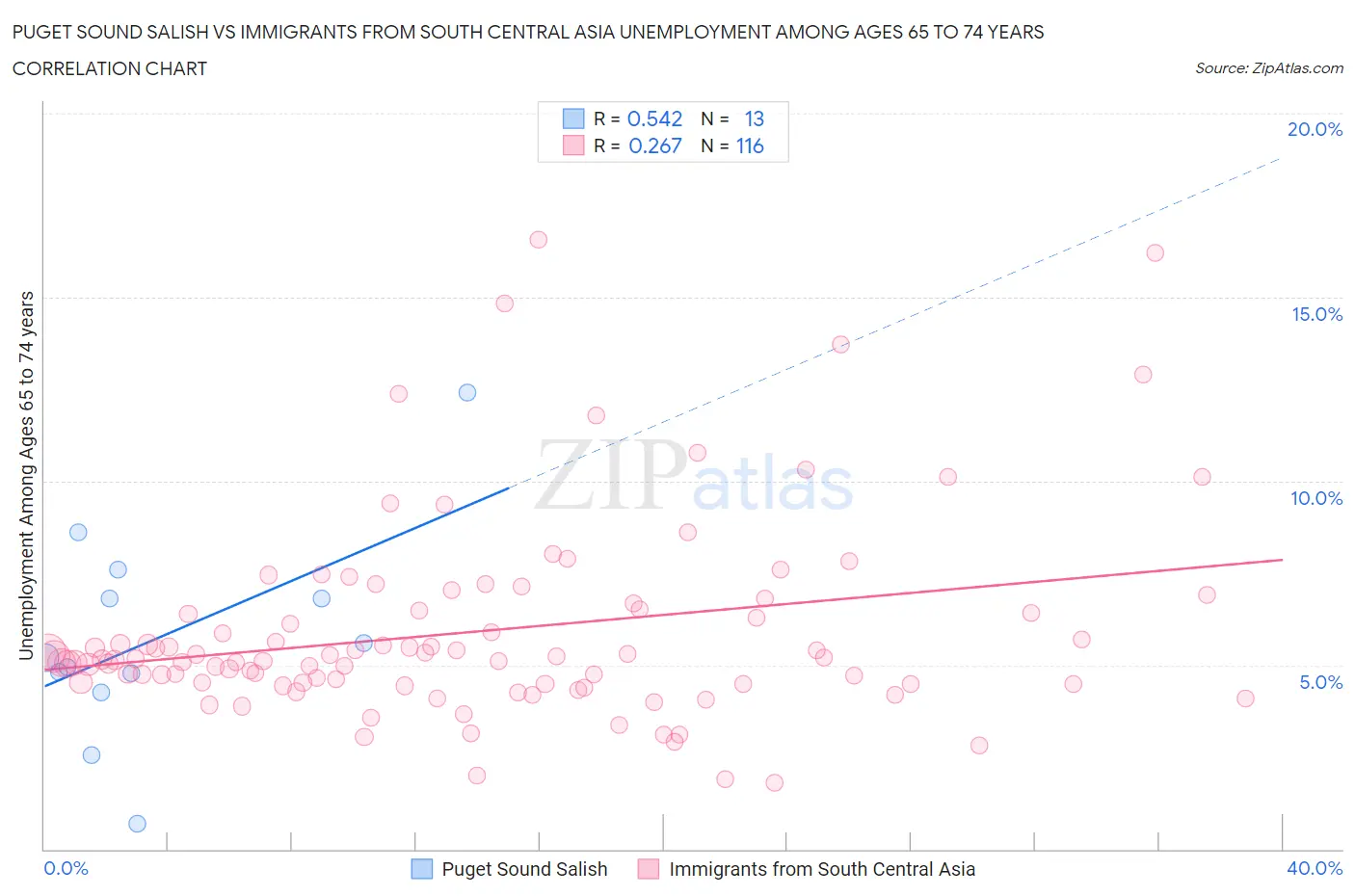 Puget Sound Salish vs Immigrants from South Central Asia Unemployment Among Ages 65 to 74 years
