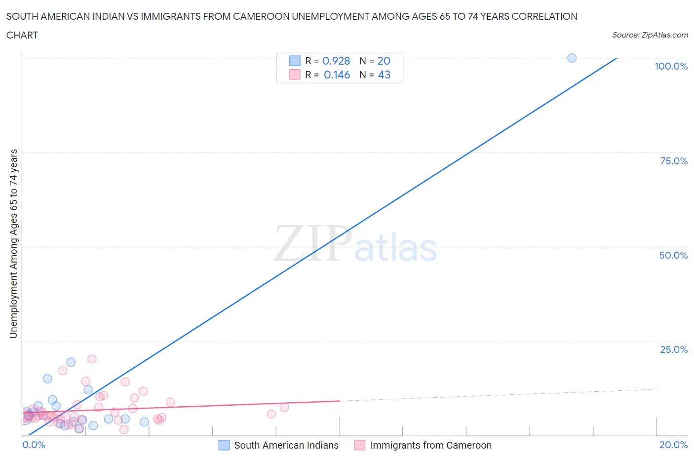 South American Indian vs Immigrants from Cameroon Unemployment Among Ages 65 to 74 years