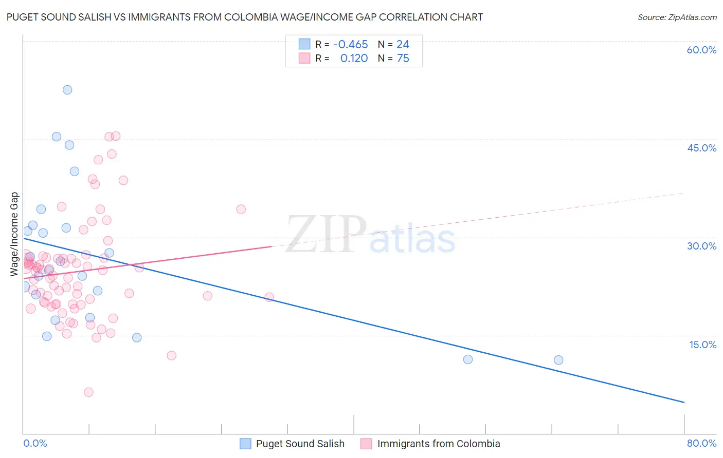 Puget Sound Salish vs Immigrants from Colombia Wage/Income Gap