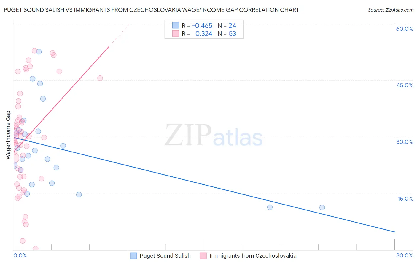 Puget Sound Salish vs Immigrants from Czechoslovakia Wage/Income Gap