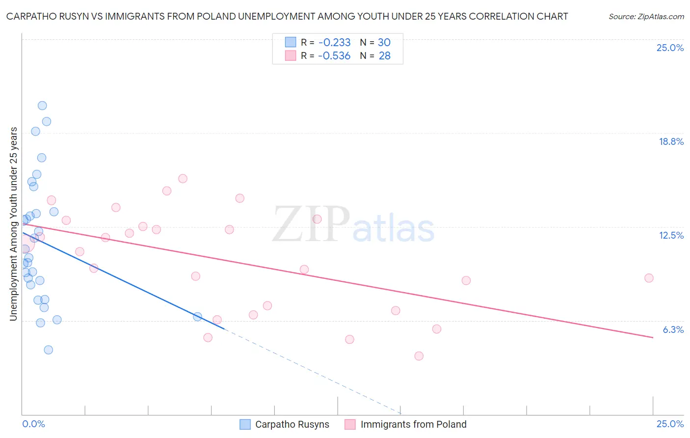 Carpatho Rusyn vs Immigrants from Poland Unemployment Among Youth under 25 years
