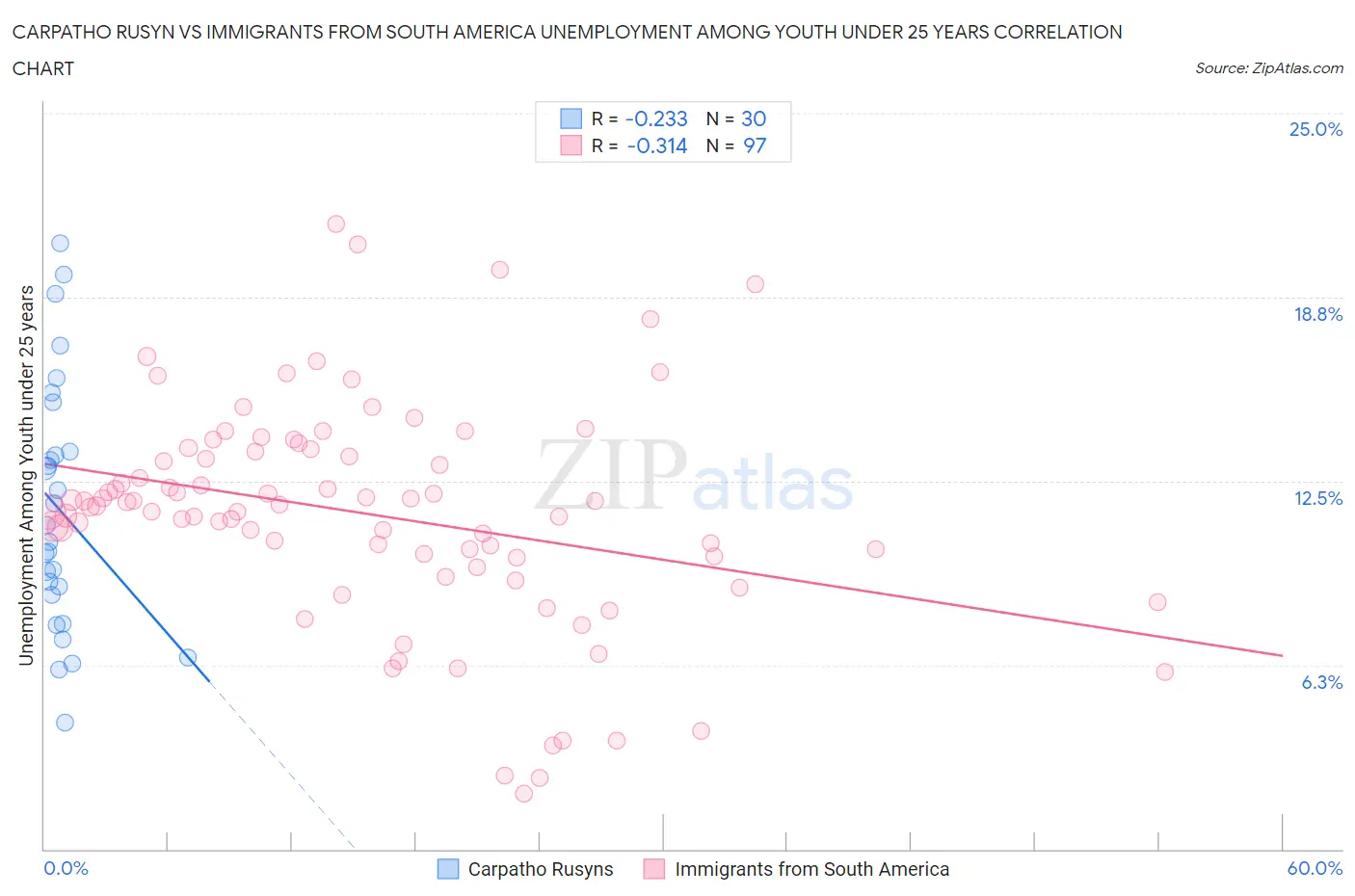 Carpatho Rusyn vs Immigrants from South America Unemployment Among Youth under 25 years