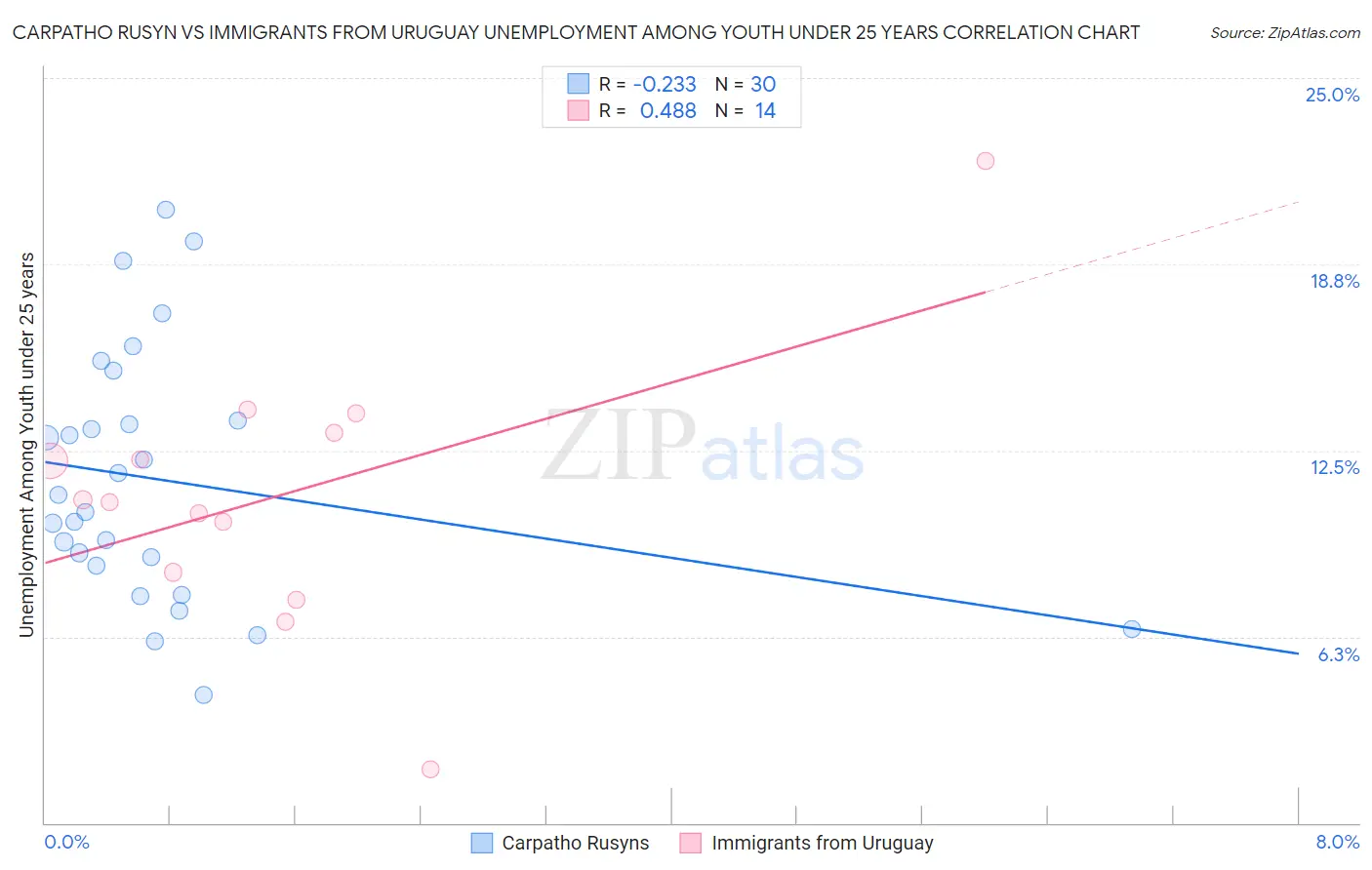 Carpatho Rusyn vs Immigrants from Uruguay Unemployment Among Youth under 25 years