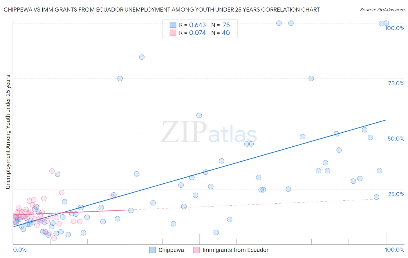 Chippewa vs Immigrants from Ecuador Unemployment Among Youth under 25 years