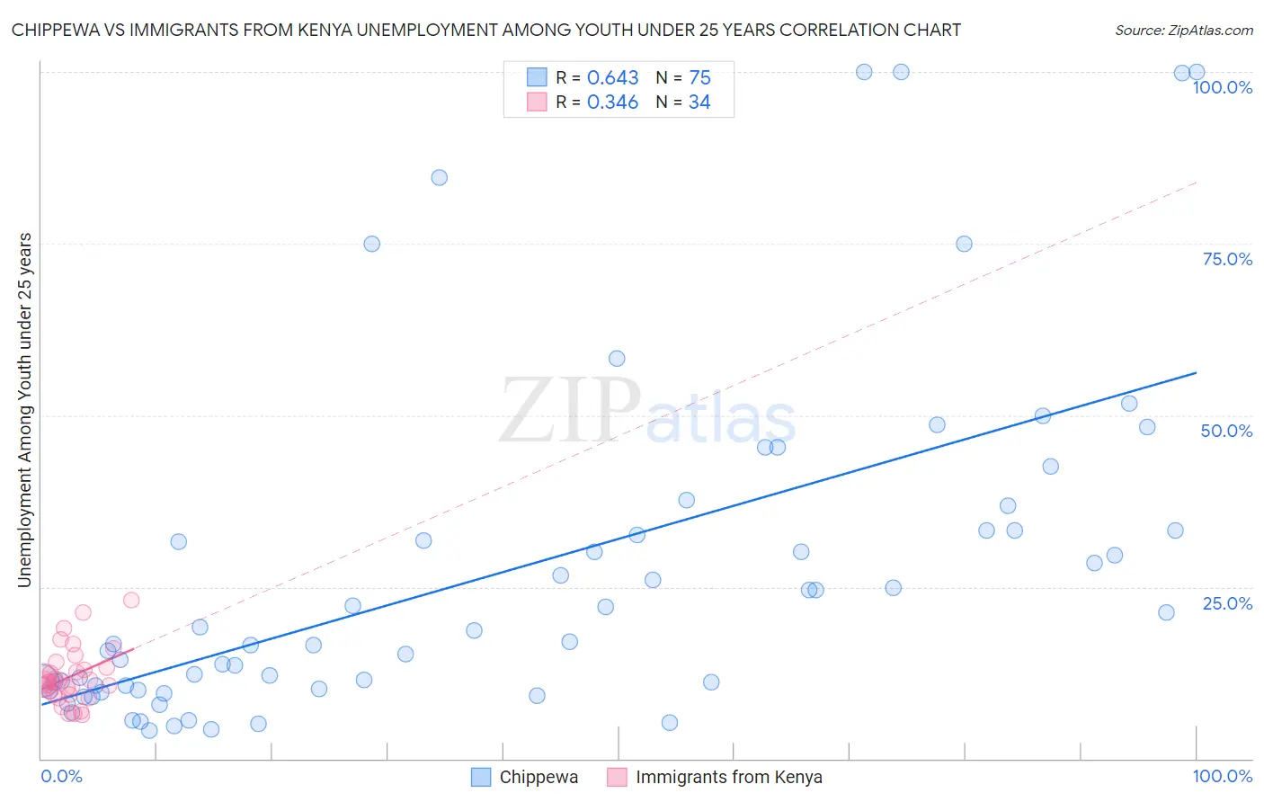 Chippewa vs Immigrants from Kenya Unemployment Among Youth under 25 years