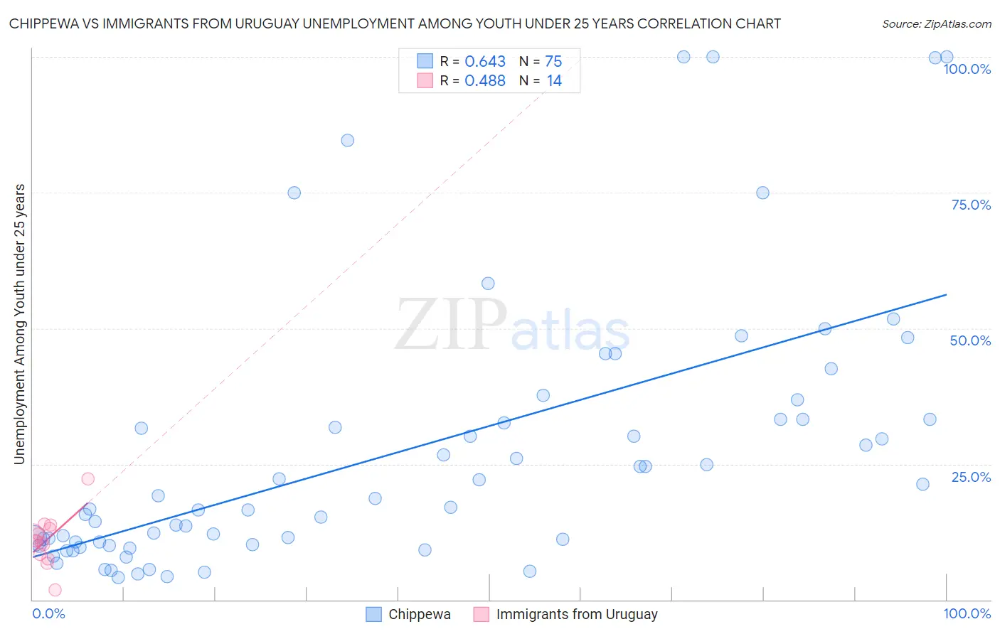 Chippewa vs Immigrants from Uruguay Unemployment Among Youth under 25 years