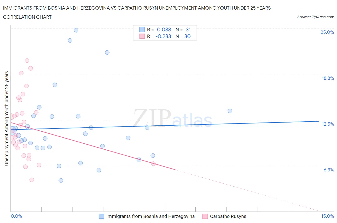 Immigrants from Bosnia and Herzegovina vs Carpatho Rusyn Unemployment Among Youth under 25 years