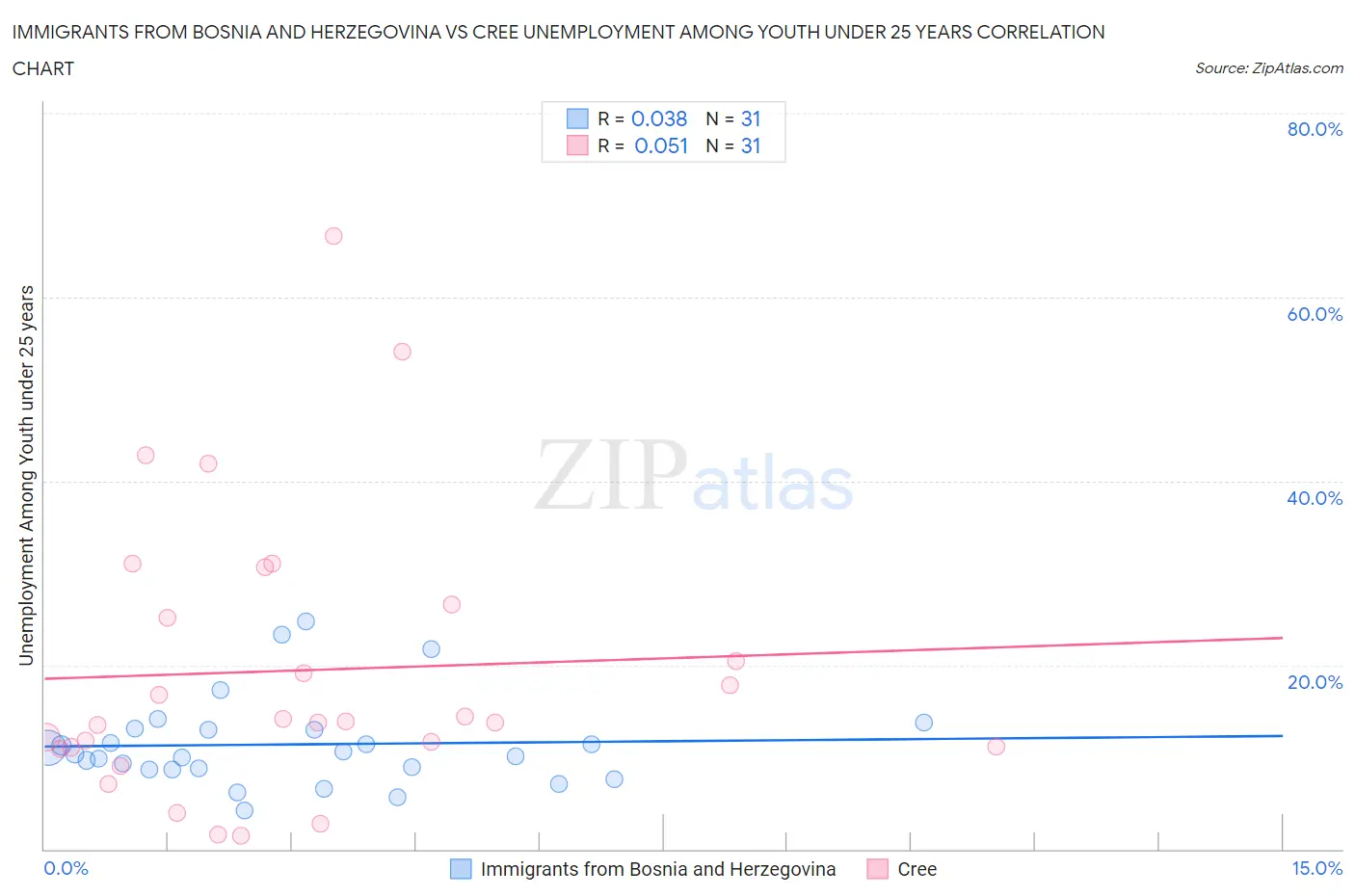 Immigrants from Bosnia and Herzegovina vs Cree Unemployment Among Youth under 25 years