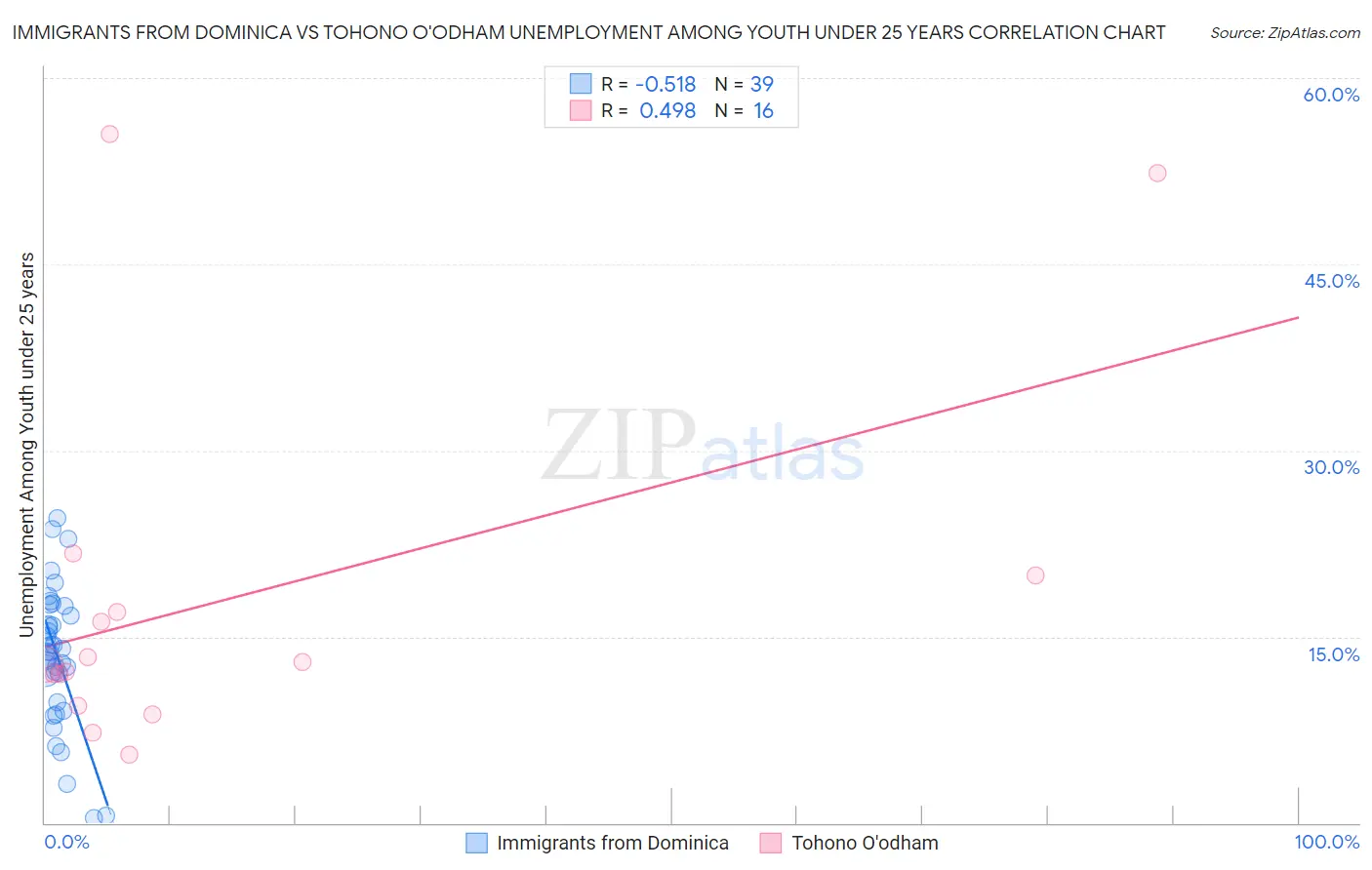 Immigrants from Dominica vs Tohono O'odham Unemployment Among Youth under 25 years