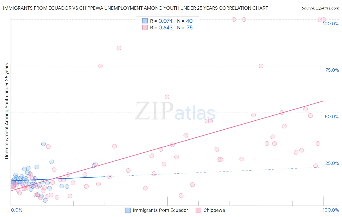 Immigrants from Ecuador vs Chippewa Unemployment Among Youth under 25 years