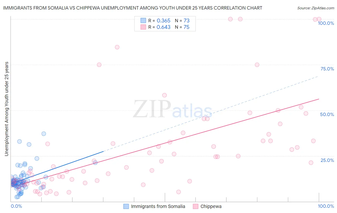 Immigrants from Somalia vs Chippewa Unemployment Among Youth under 25 years