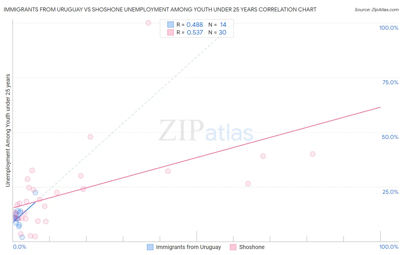 Immigrants from Uruguay vs Shoshone Unemployment Among Youth under 25 years