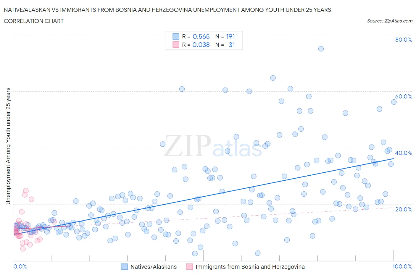 Native/Alaskan vs Immigrants from Bosnia and Herzegovina Unemployment Among Youth under 25 years