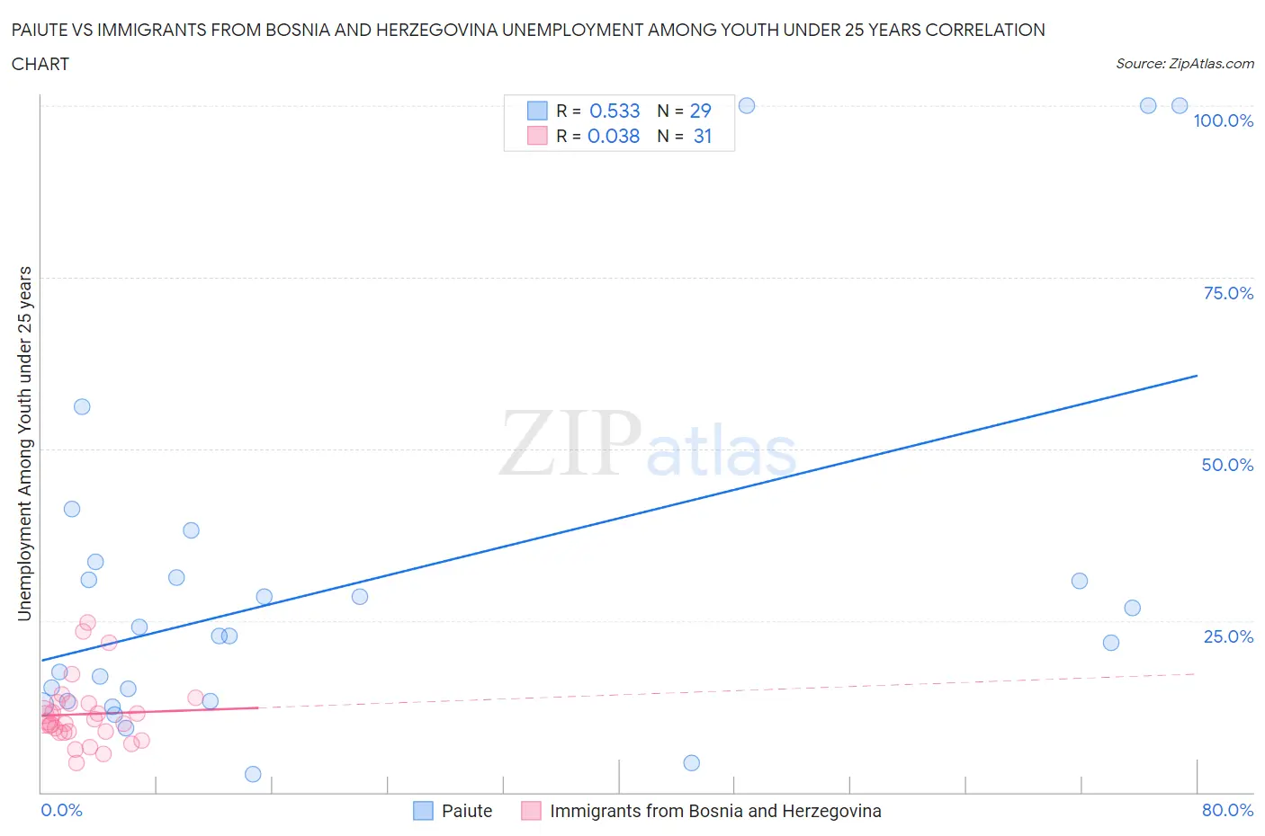 Paiute vs Immigrants from Bosnia and Herzegovina Unemployment Among Youth under 25 years