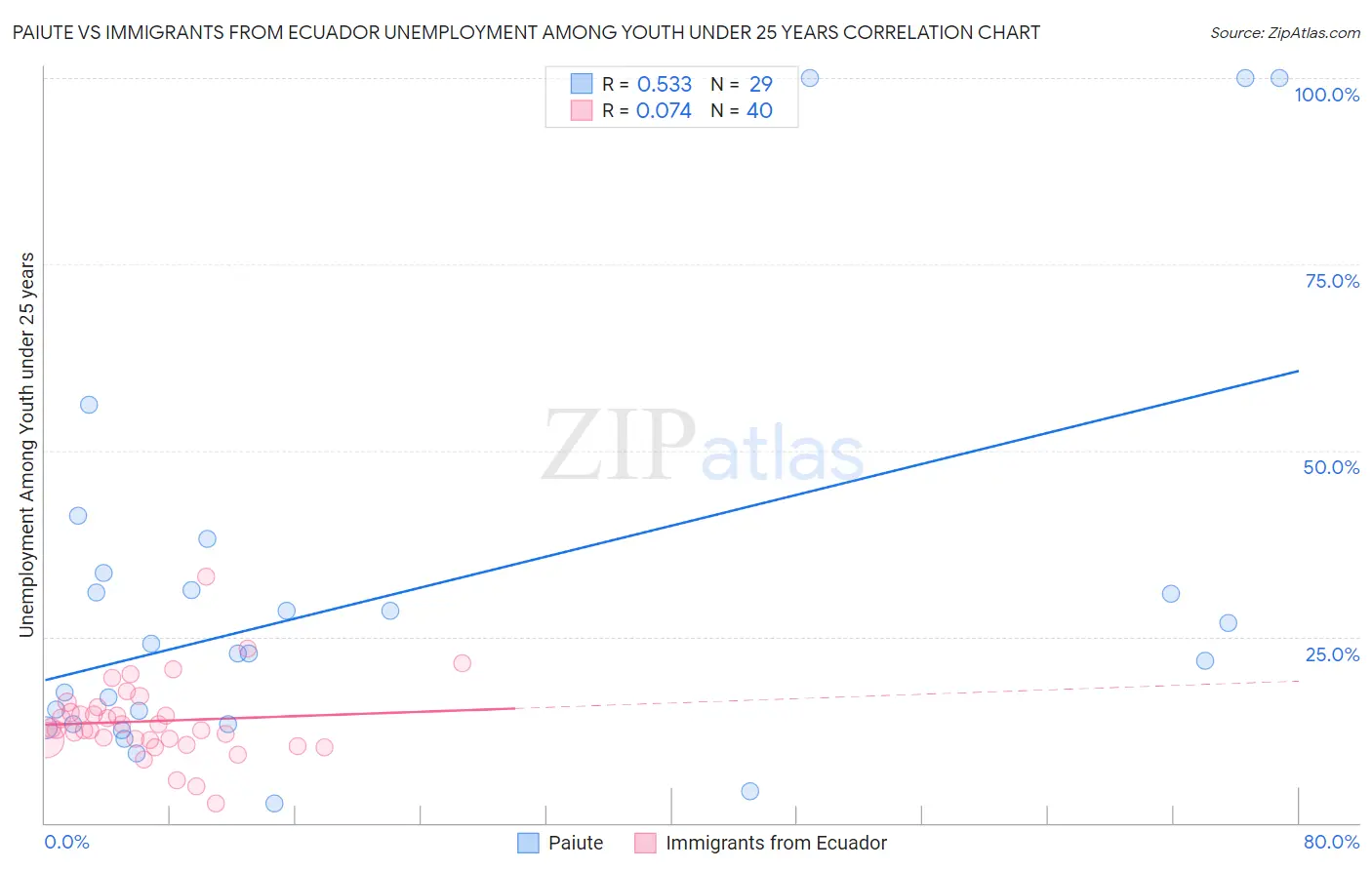 Paiute vs Immigrants from Ecuador Unemployment Among Youth under 25 years