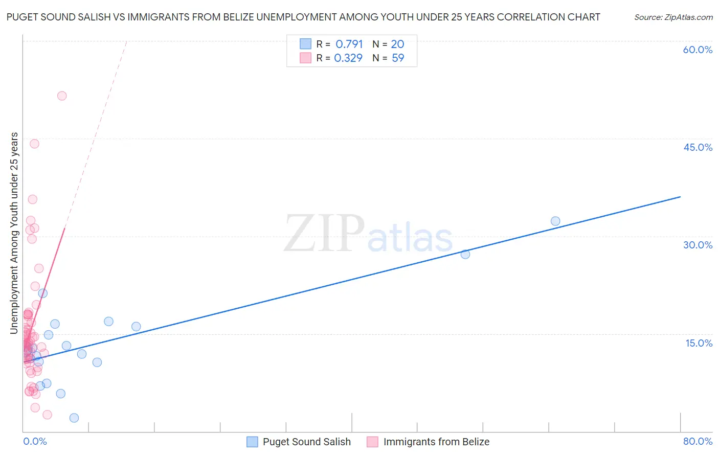 Puget Sound Salish vs Immigrants from Belize Unemployment Among Youth under 25 years