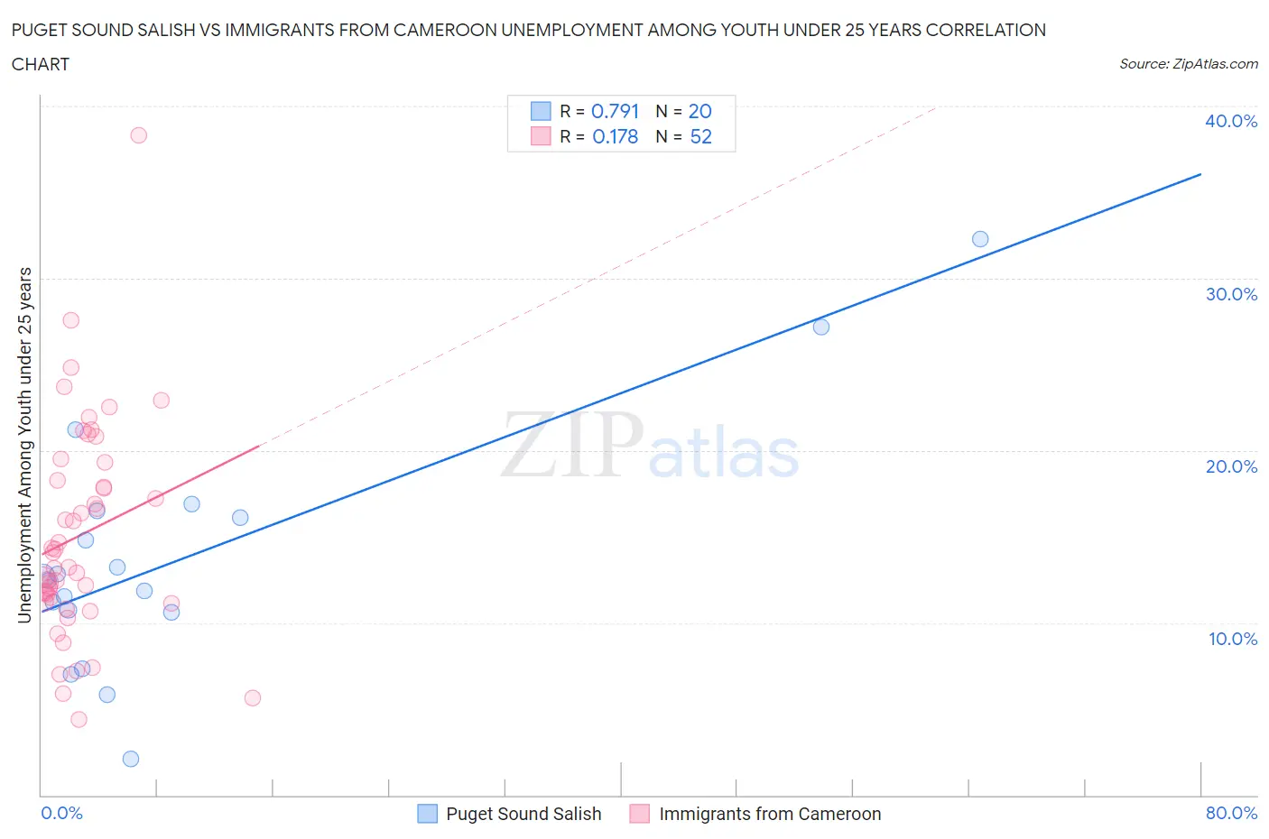 Puget Sound Salish vs Immigrants from Cameroon Unemployment Among Youth under 25 years