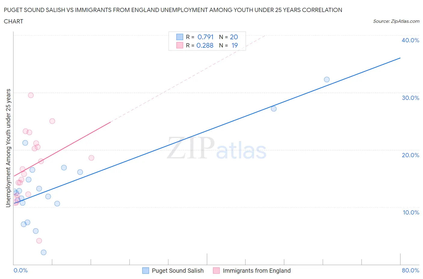 Puget Sound Salish vs Immigrants from England Unemployment Among Youth under 25 years