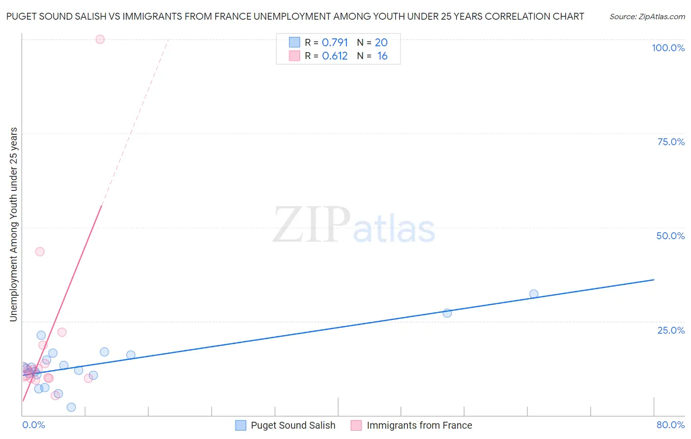 Puget Sound Salish vs Immigrants from France Unemployment Among Youth under 25 years