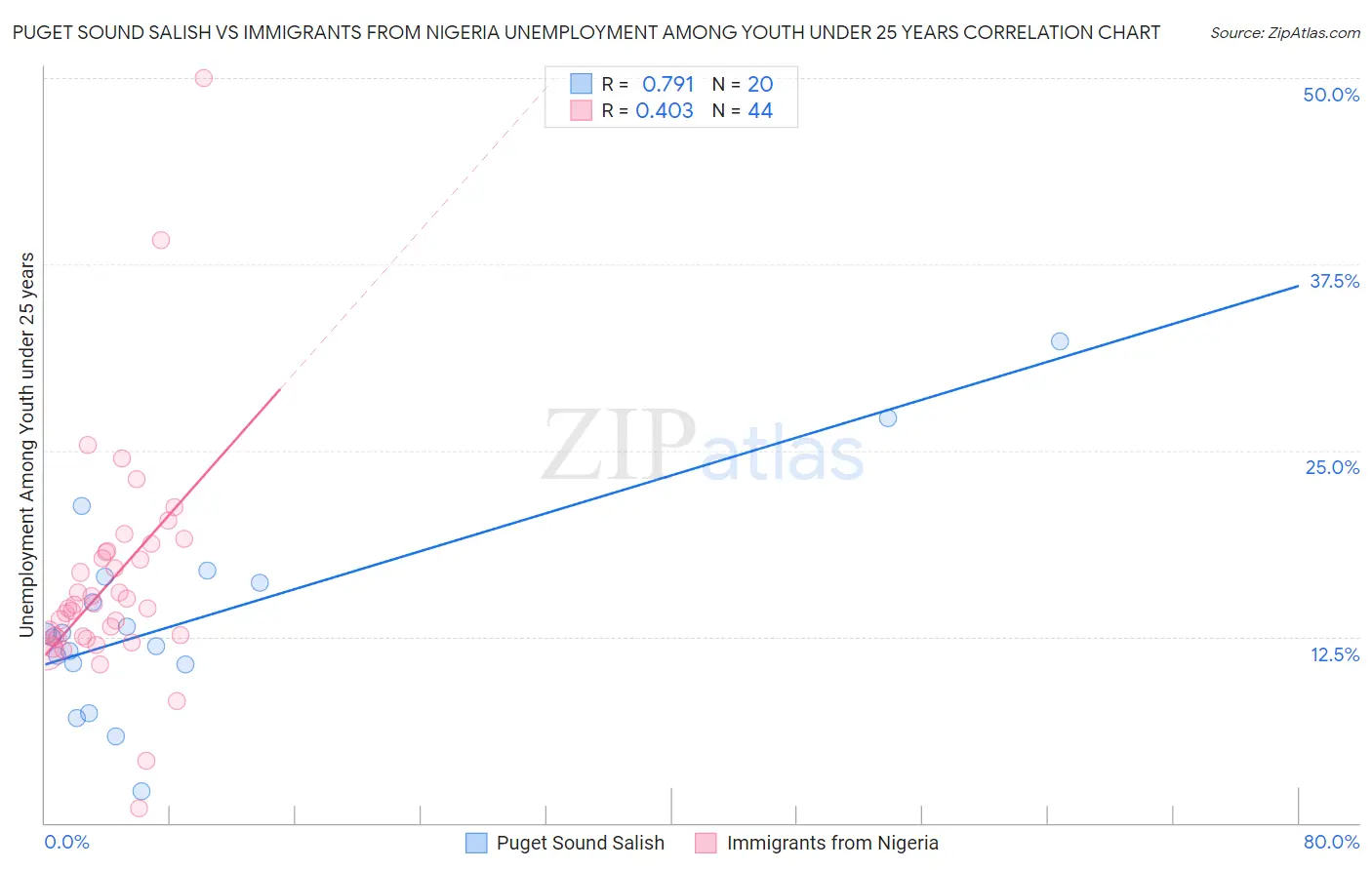 Puget Sound Salish vs Immigrants from Nigeria Unemployment Among Youth under 25 years