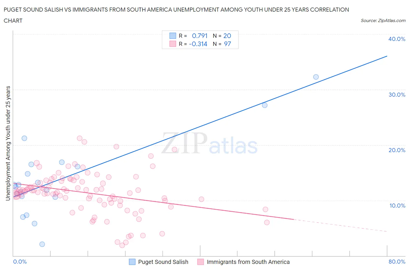Puget Sound Salish vs Immigrants from South America Unemployment Among Youth under 25 years