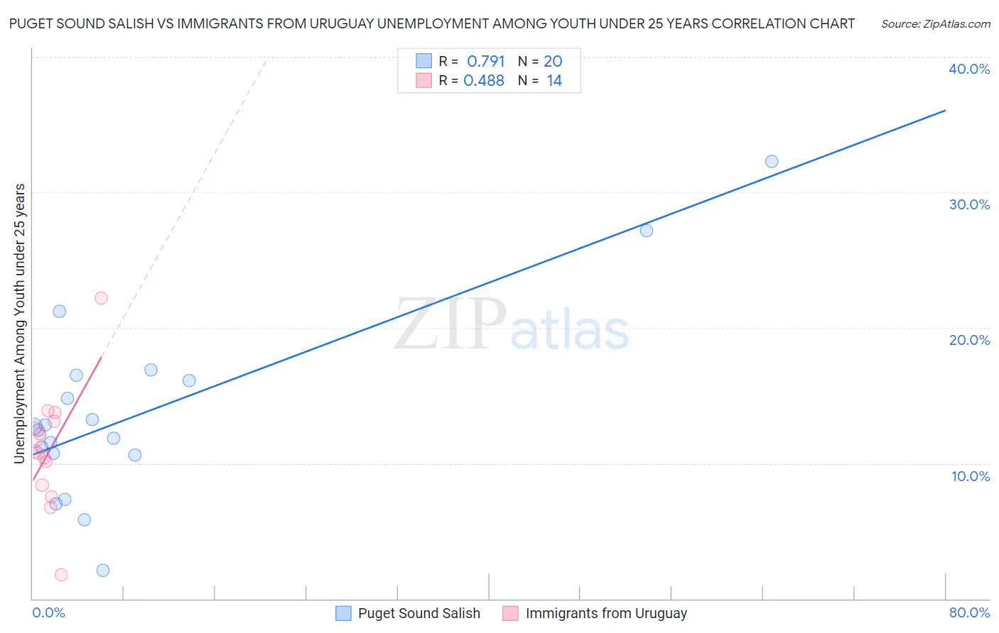 Puget Sound Salish vs Immigrants from Uruguay Unemployment Among Youth under 25 years