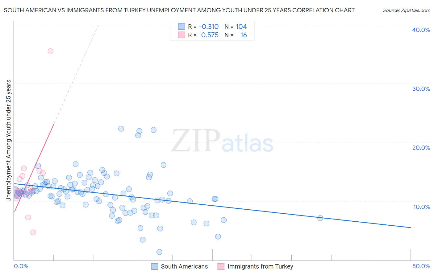 South American vs Immigrants from Turkey Unemployment Among Youth under 25 years