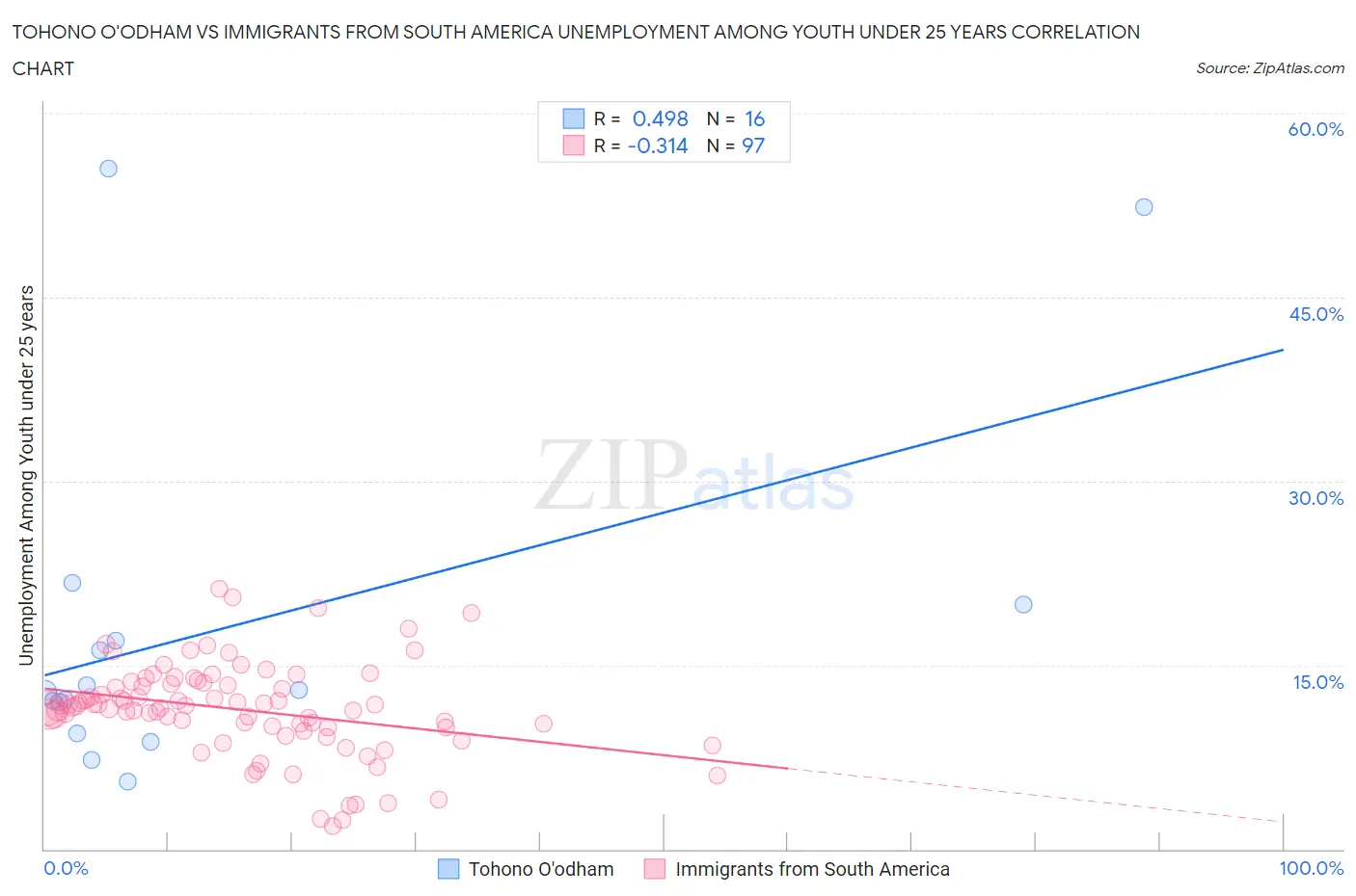 Tohono O'odham vs Immigrants from South America Unemployment Among Youth under 25 years