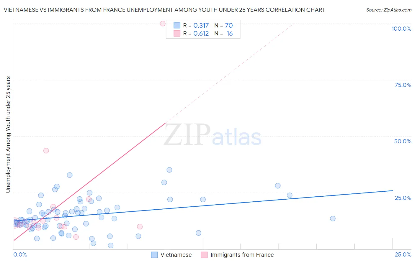 Vietnamese vs Immigrants from France Unemployment Among Youth under 25 years