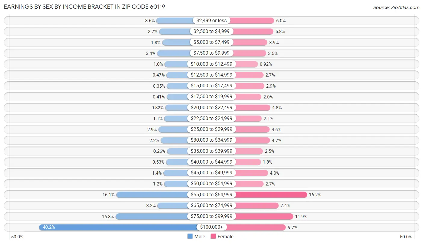 Earnings by Sex by Income Bracket in Zip Code 60119